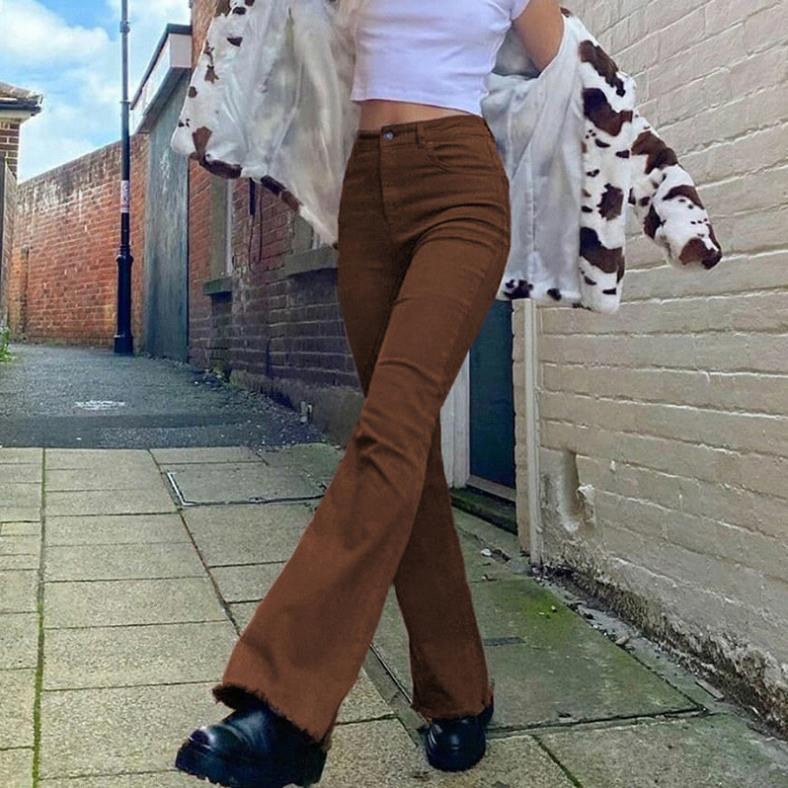 New style jeans retro brown high waist high stretch bootcut jeans women y2k baggy wide leg jeans vintage streetwear