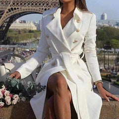 Lizakosht White Trench Coat for Women Vintage Double Breasted Slim Long Trench Female Winter New Office Lapel Solid Trench Dress OL Ladies