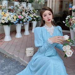 Solid Elegant Dress Women Winter Patchwork Lace Party Midi Dress Female Casual French Style Sweet Kawaii Korean 2021 Women Dress