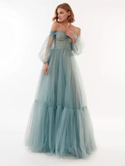 Elegant Dusty Blue Evening Dress Gown Off Shoulder Puff Prom Dresses Pleats V Neck Tulle Formal Party Gown Vestidos De Fiesta