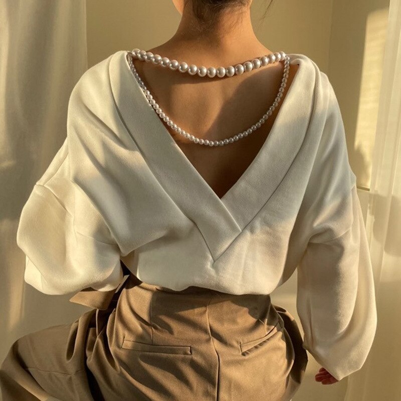 Autumn Women Sweatshirt Autumn Korea Chic Backless Pearl Chain Long Sleeve O-neck Solid Color Elegant Top 2022 New