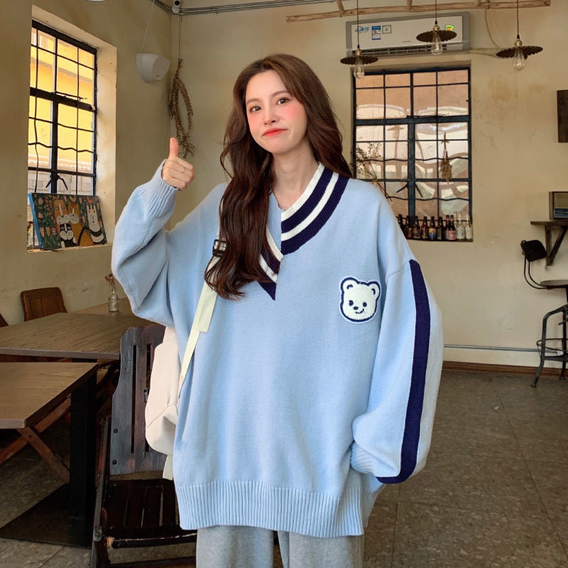 Sweaters Women Ulzzang Letter Chic Vintage V-neck Daily Oversize Girls Pullovers Student Fall Casual All-match Ins Women Sweater
