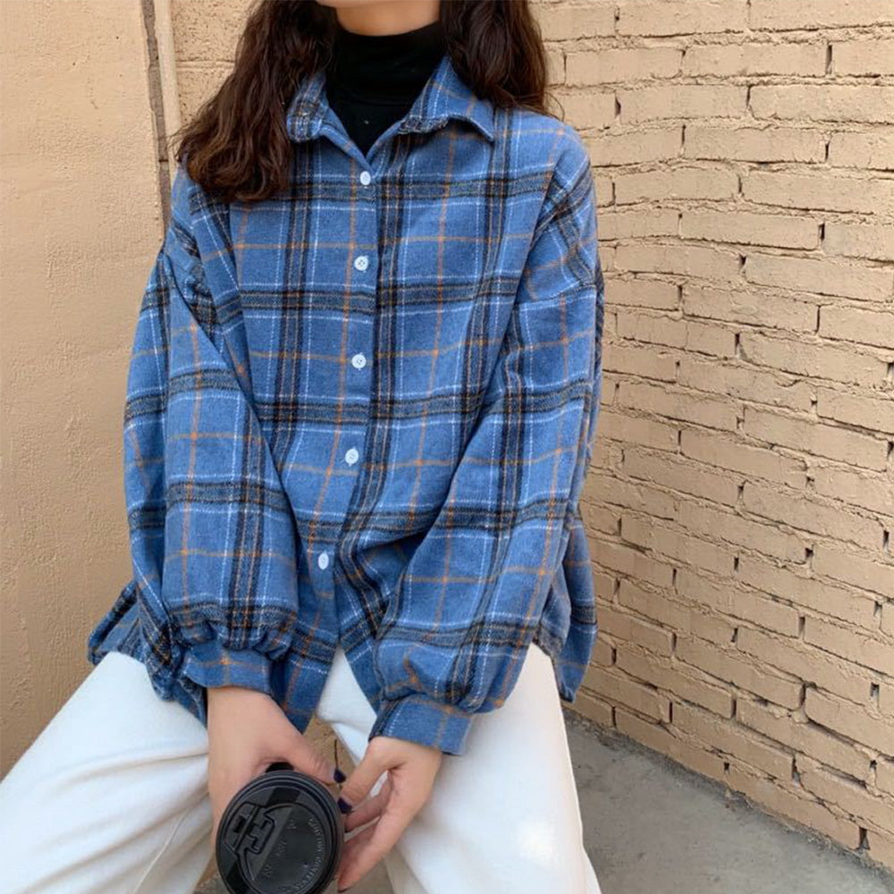Women Vintage Warm Shirt Jacket Autumn Winter Plaid Long Shirt Jacekt Casual Loose Buttons Pockets Turn down Shirt Coat