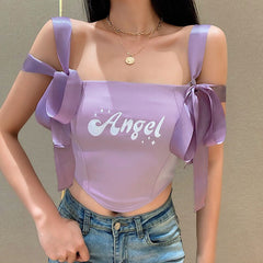 Purple Top Women Summer Girls‘ Shirt 2022  Angel Slim Short Sexy Lace Cute Butterfly Bandage Sling  Backless Vest