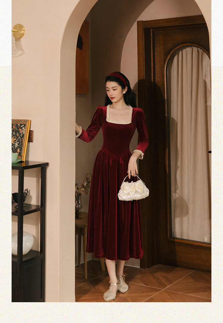 Vintage Velvet Dress Woman Solid Claret & Purple Color Square Collar Ruffles Elegant Lady Dinner Dresses Retro Vestido Festa