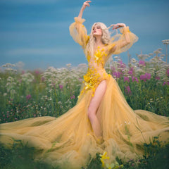 Yellow Tulle Prom Dress With 3D Flowers Floral Print Dress See-Through Sexy High Side Silt Dress With Train Photo Shoot Dresses