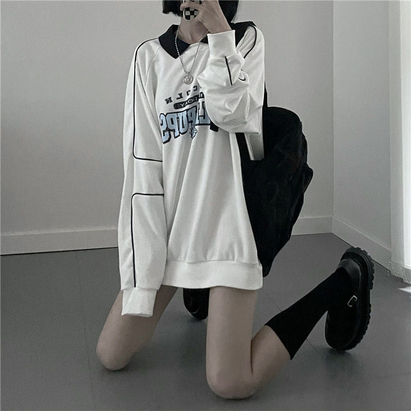 Vintage Oversized Hoodie Women Autumn Harajuku Preppy Style Patchwork Fake Two-piece Sweatshirt Casual Kpop Streetwear