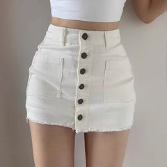 Streetwear Summer White Mini Skirts Y2k High Waisted Single Breasted High Waisted Jeans  Tight Skirt Shorts Aesthetic
