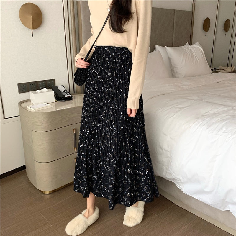 Vintage Floral Print A-line Pleated Long Skirts winter Women Korean Skirt Streetwear Drawstring Elastic Waist Midi Skirt lined