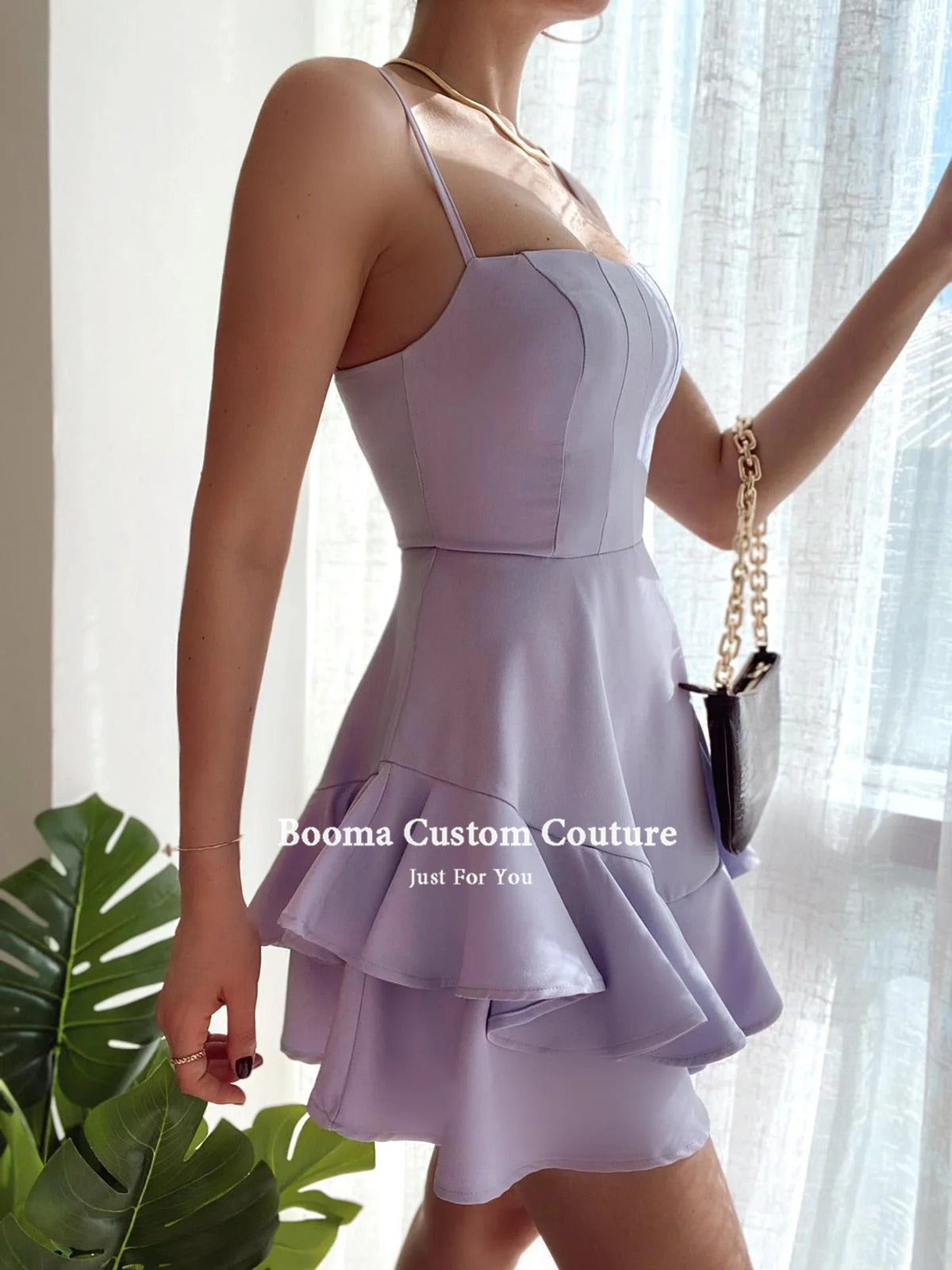 Lizakosht  Lavender Mini Prom Dresses Spaghetti Straps Ruffles Above Knee Satin Homecoming Dresses Clubbing Short Graduation Dresses