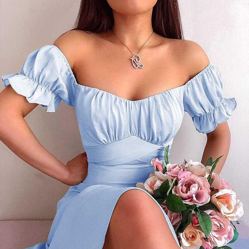 Lizakosht  2021 Summer's New Solid-colored Simple One-word Shoulder-length Skirt Summer Slash Neck  Puff Sleeve  Dresses for Women