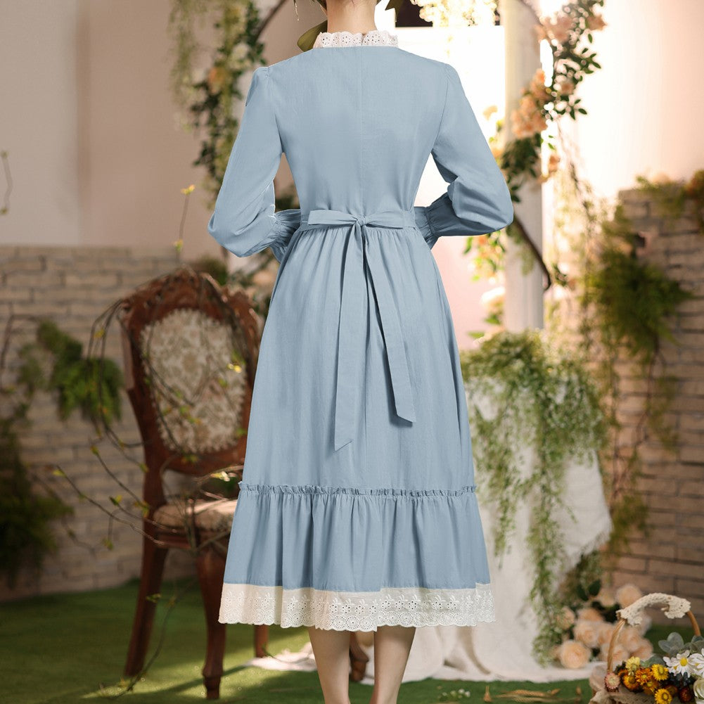 SD Women Renaissance Cotton Dress Puffed Long Sleeve V-Neck Flared A-Line Dress Women Vintage Solid Color Winter Dress Elegant