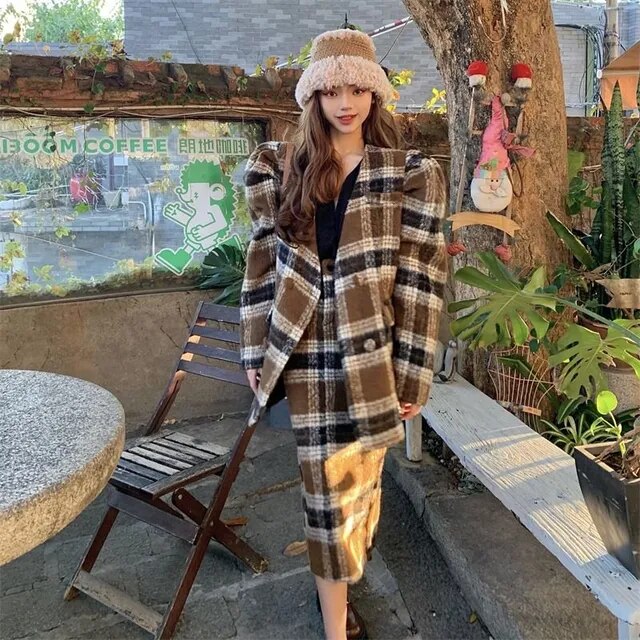 Autumn Winter Female Fashion Casual Warm Plaid 2 Piece Set Vintage Long-sleeve Minimalist Woolen Top Overcoat+Mid Skirt