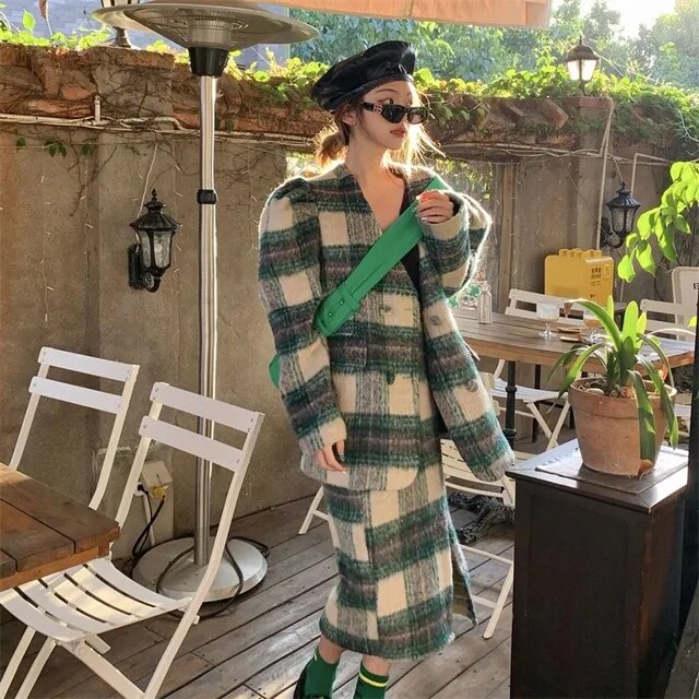 Autumn Winter Female Fashion Casual Warm Plaid 2 Piece Set Vintage Long-sleeve Minimalist Woolen Top Overcoat+Mid Skirt