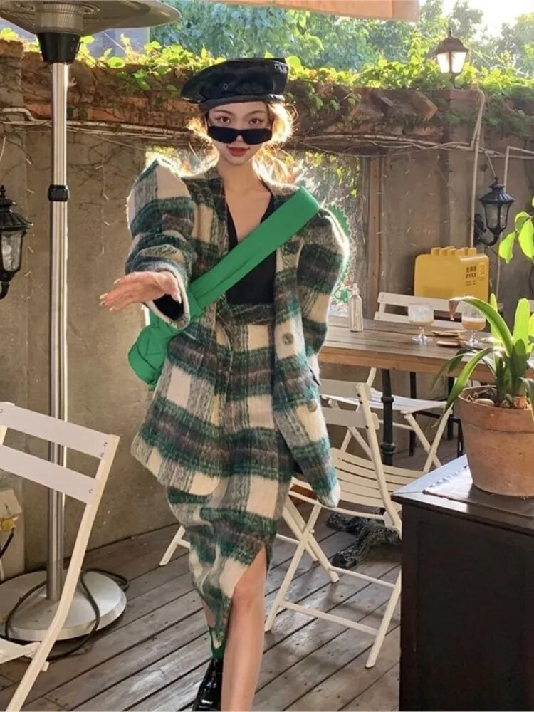 Autumn Winter Female Fashion Casual Warm Plaid 2 Piece Set Vintage Long-sleeve Minimalist Woolen Top Overcoat+Mid Skirt