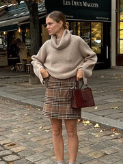 Lizakosht Khaki Knitted Vintage Turtleneck Women Casual Jumper Split Flare Sleeve Long Sleeve Oversized Sweater Autumn Chic Casual Outwear