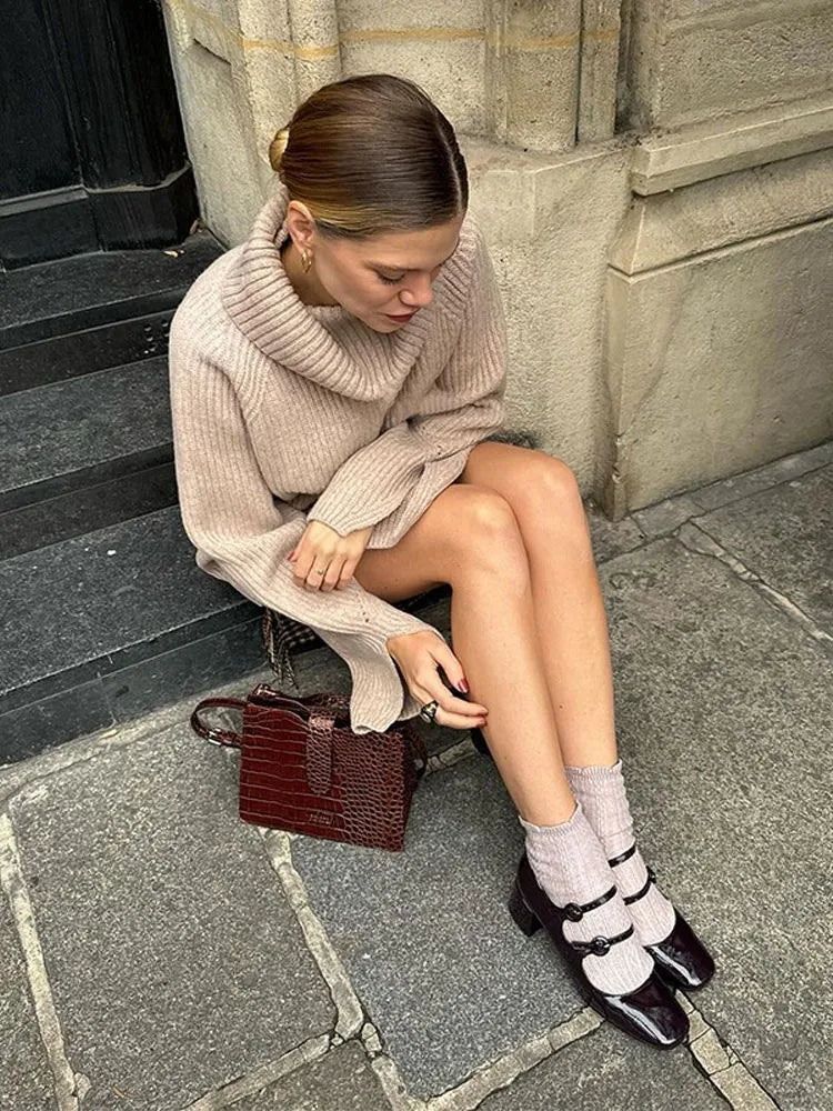 Lizakosht Khaki Knitted Vintage Turtleneck Women Casual Jumper Split Flare Sleeve Long Sleeve Oversized Sweater Autumn Chic Casual Outwear