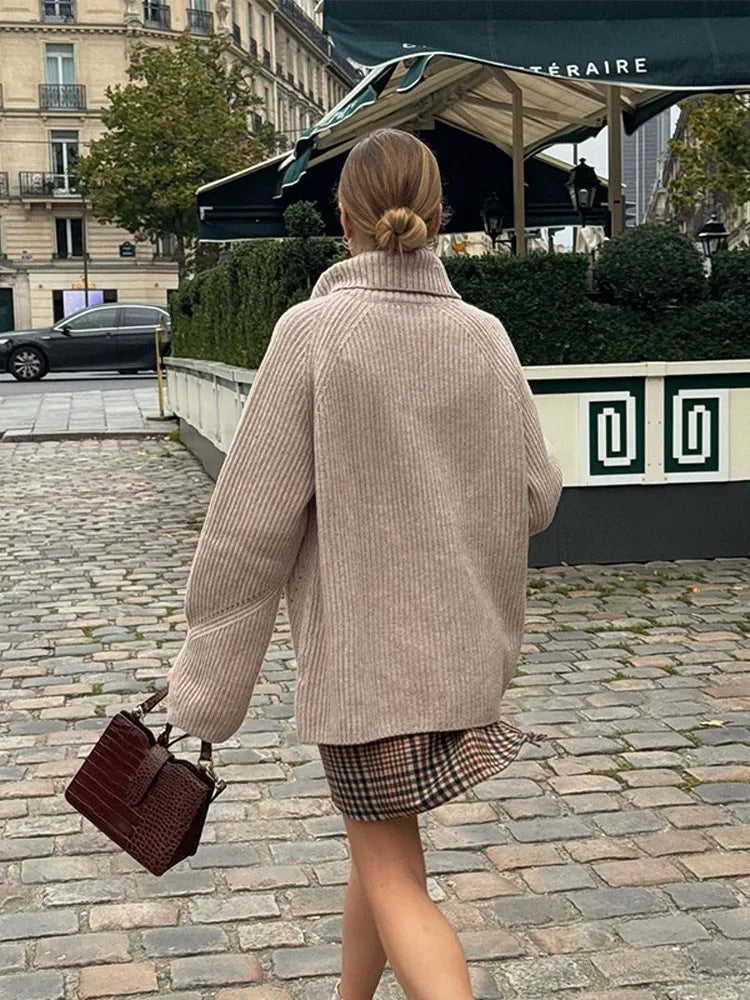Lizakosht Khaki Knitted Vintage Turtleneck Women Casual Jumper Split Flare Sleeve Long Sleeve Oversized Sweater Autumn Chic Casual Outwear
