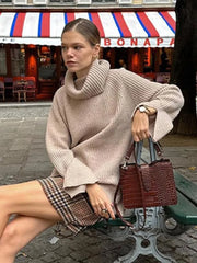 Lizakosht Khaki Knitted Vintage Turtleneck Women Casual Jumper Split Flare Sleeve Long Sleeve Oversized Sweater Autumn Chic Casual Outwear