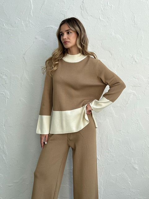Lizakosht Knit Slit Sweater Matching Sets 2 Piece Knit Pant Suit Casual Knitted Two Piece Women Sets Winter Tracksuit Women Two Piece Set