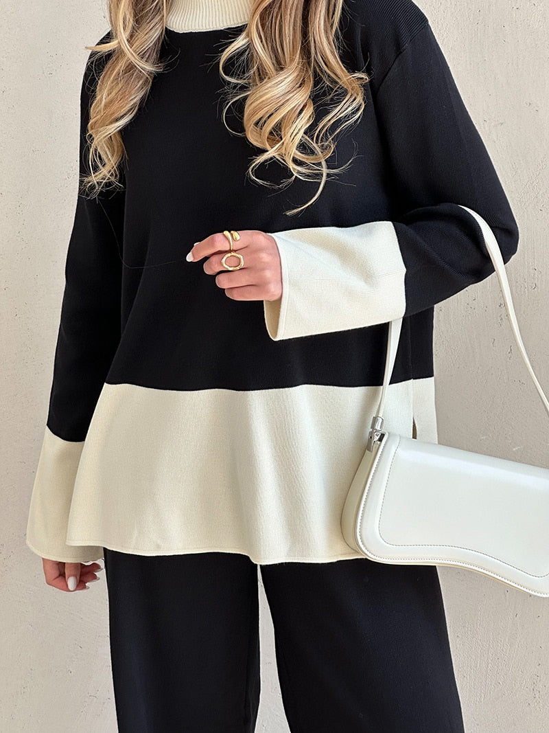 Lizakosht Knit Slit Sweater Matching Sets 2 Piece Knit Pant Suit Casual Knitted Two Piece Women Sets Winter Tracksuit Women Two Piece Set