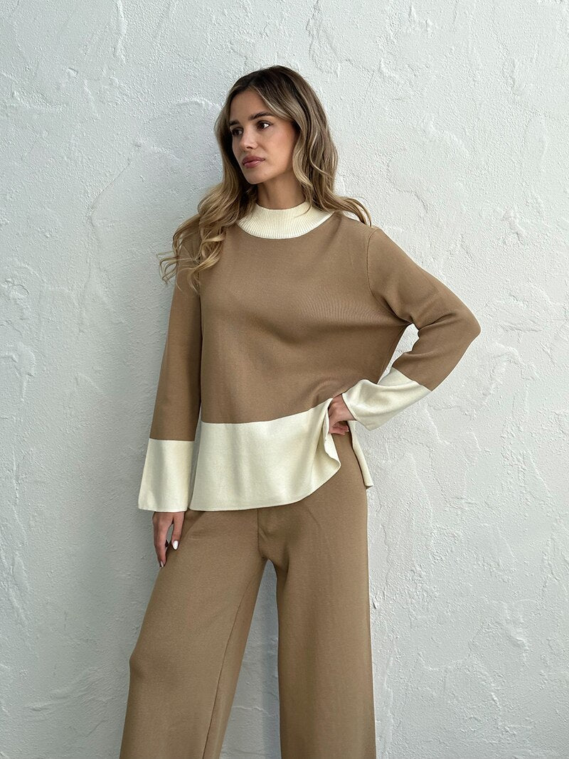 Lizakosht Knit Slit Sweater Matching Sets 2 Piece Knit Pant Suit Casual Knitted Two Piece Women Sets Winter Tracksuit Women Two Piece Set