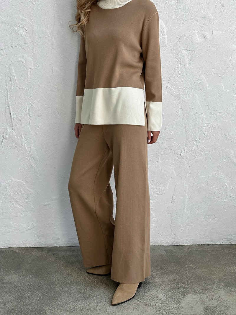 Lizakosht Knit Slit Sweater Matching Sets 2 Piece Knit Pant Suit Casual Knitted Two Piece Women Sets Winter Tracksuit Women Two Piece Set