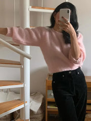 Lizakosht Korean Style Sweet Pink Knit Sweater For Women Casual Crew Neck Long Sleeve Pullover Female 2024 Fashion Elegant Street Sweaters
