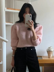 Lizakosht Korean Style Sweet Pink Knit Sweater For Women Casual Crew Neck Long Sleeve Pullover Female 2024 Fashion Elegant Street Sweaters