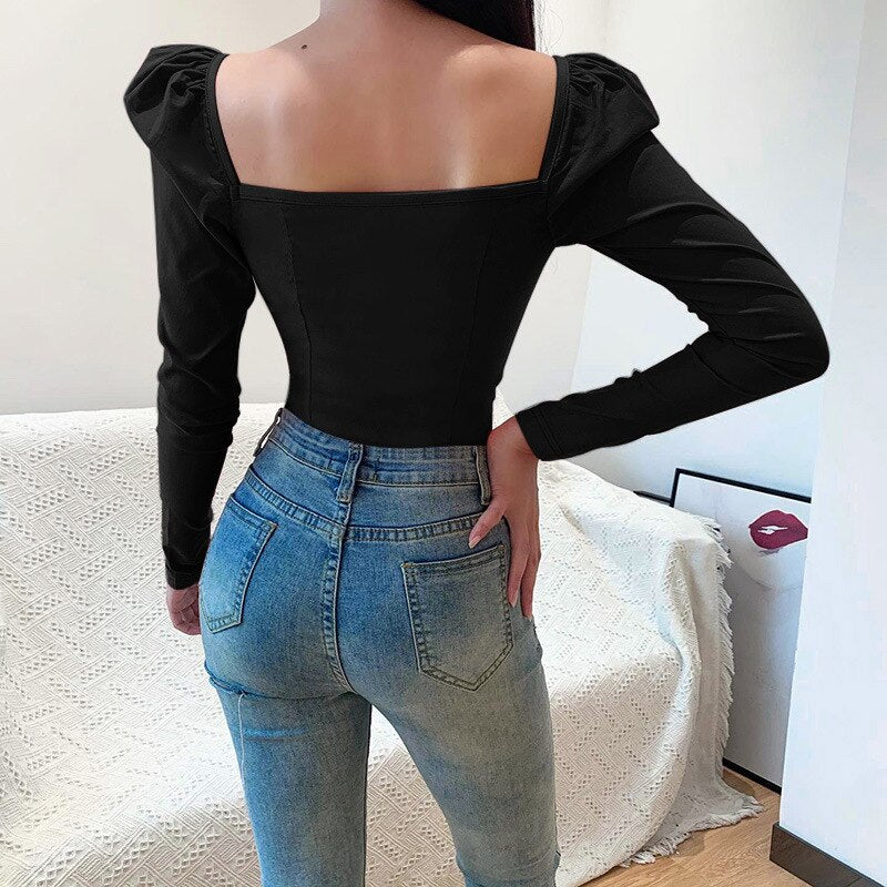 Lizakosht Korean Style Vintage Blouse Women Petal Collar Long Sleeve Sexy Clavicle Ladies Elegant Tops Fashion Casual Daily Base T-Shirt