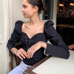 Lizakosht Korean Style Vintage Blouse Women Petal Collar Long Sleeve Sexy Clavicle Ladies Elegant Tops Fashion Casual Daily Base T-Shirt