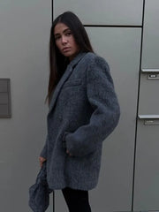 Lizakosht Loose Gray Woolen Pocket Women's Jacket Fashion V Neck Long Sleeve Blazer Coat Female Autumn Winter Chic Office Lady Streetwear