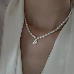 Lizakosht Japan Elegant Freshwater Pearl Choker For Women Girls Fashion Sqaure Crystal Wedding Necklace Jewelry Colares