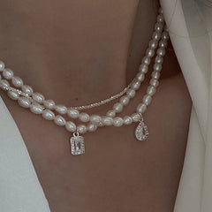 Lizakosht Japan Elegant Freshwater Pearl Choker For Women Girls Fashion Sqaure Crystal Wedding Necklace Jewelry Colares