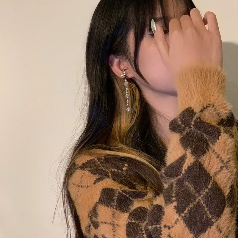 Lizakosht Korean Fashion Star Zircon Long Clip Earrings Women Girls Trendy Silver Color No Piercing Cartilage Jewelry