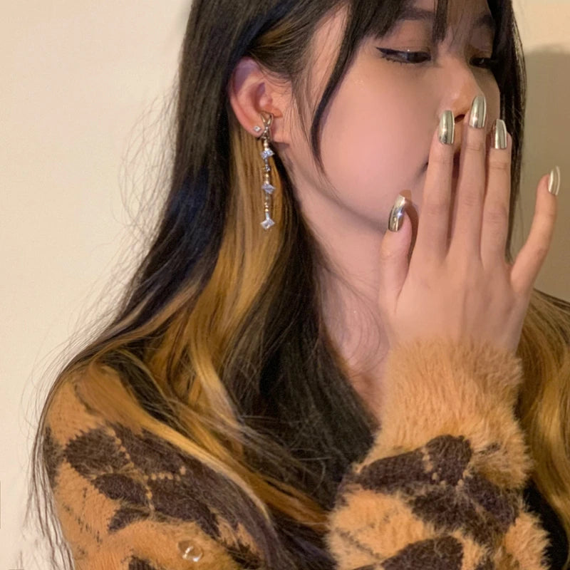 Lizakosht Korean Fashion Star Zircon Long Clip Earrings Women Girls Trendy Silver Color No Piercing Cartilage Jewelry
