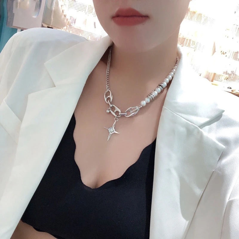 Lizakosht Fashion Punk Metal Chain Starlight Pendant Necklaces For Women Girls Elegant Pearl Beads Choker Party Jewelry Gifts