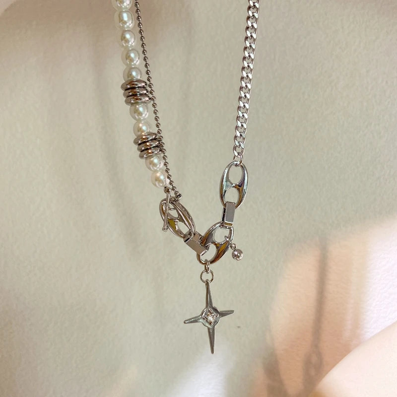 Lizakosht Fashion Punk Metal Chain Starlight Pendant Necklaces For Women Girls Elegant Pearl Beads Choker Party Jewelry Gifts