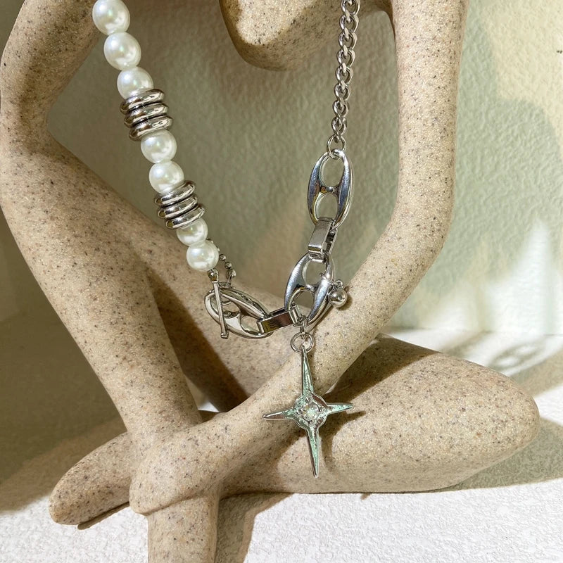 Lizakosht Fashion Punk Metal Chain Starlight Pendant Necklaces For Women Girls Elegant Pearl Beads Choker Party Jewelry Gifts