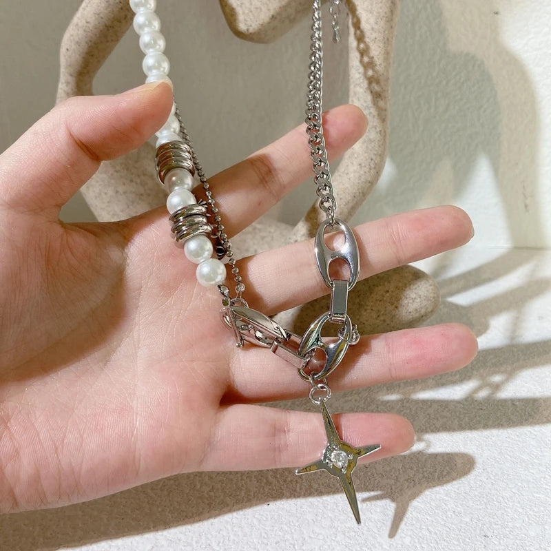 Lizakosht Fashion Punk Metal Chain Starlight Pendant Necklaces For Women Girls Elegant Pearl Beads Choker Party Jewelry Gifts