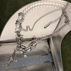 Lizakosht Fashion Punk Metal Chain Starlight Pendant Necklaces For Women Girls Elegant Pearl Beads Choker Party Jewelry Gifts