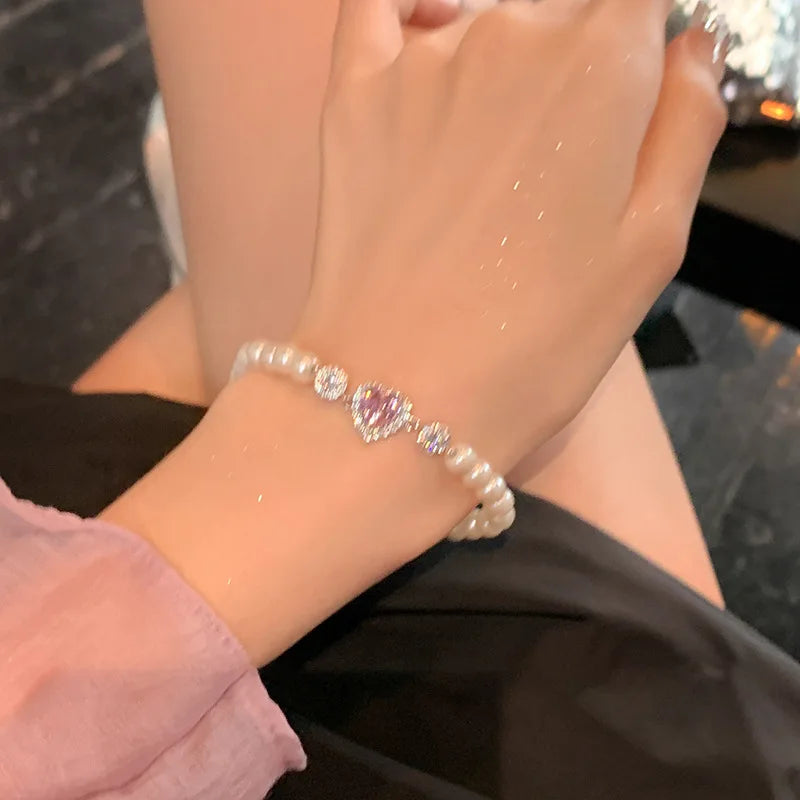 Lizakosht Fashion Zircon Pink Heart Pearl Elastic Bracele For Women Girs Delicate Zircon Starlight Bangles Party Jewelry Gifts