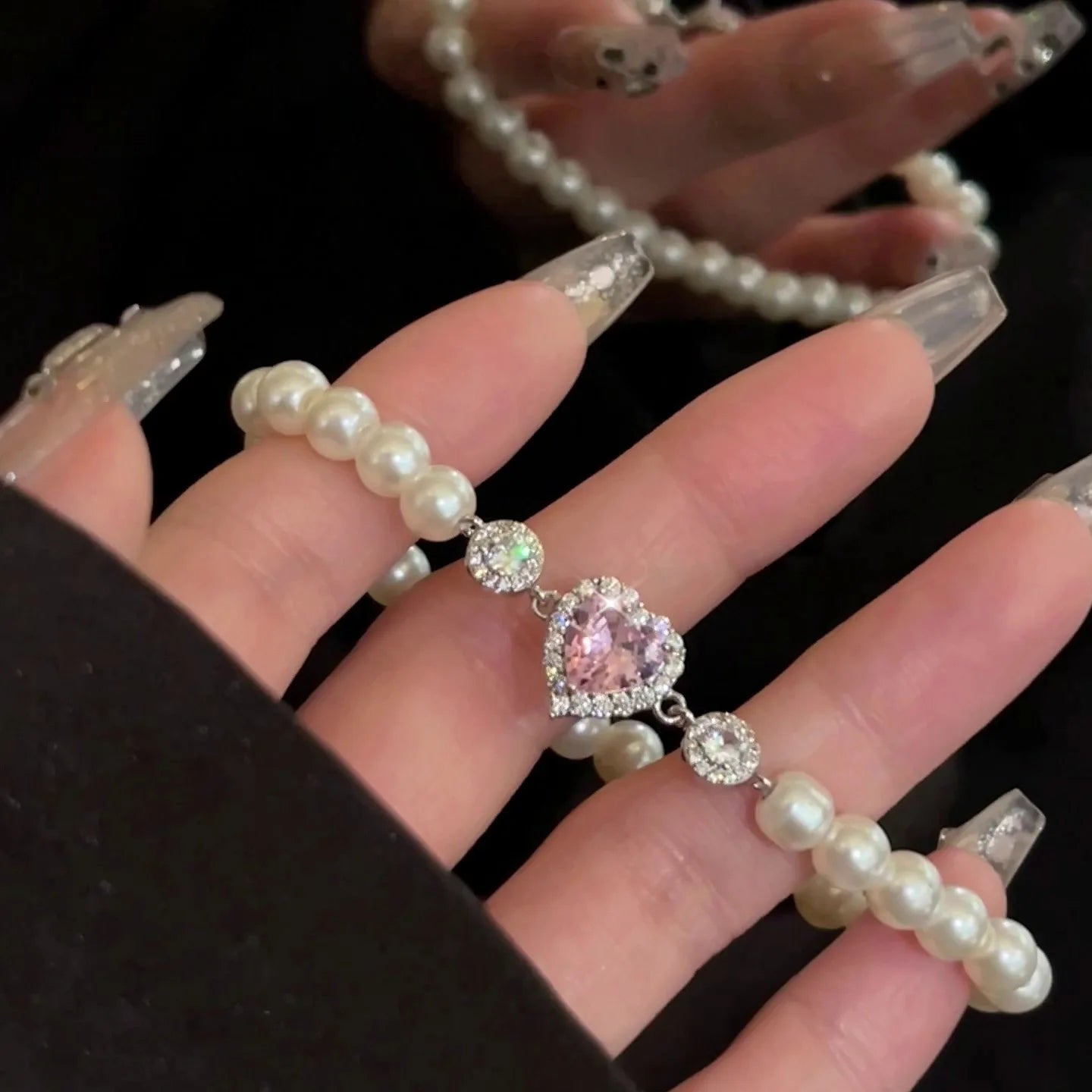 Lizakosht Fashion Zircon Pink Heart Pearl Elastic Bracele For Women Girs Delicate Zircon Starlight Bangles Party Jewelry Gifts