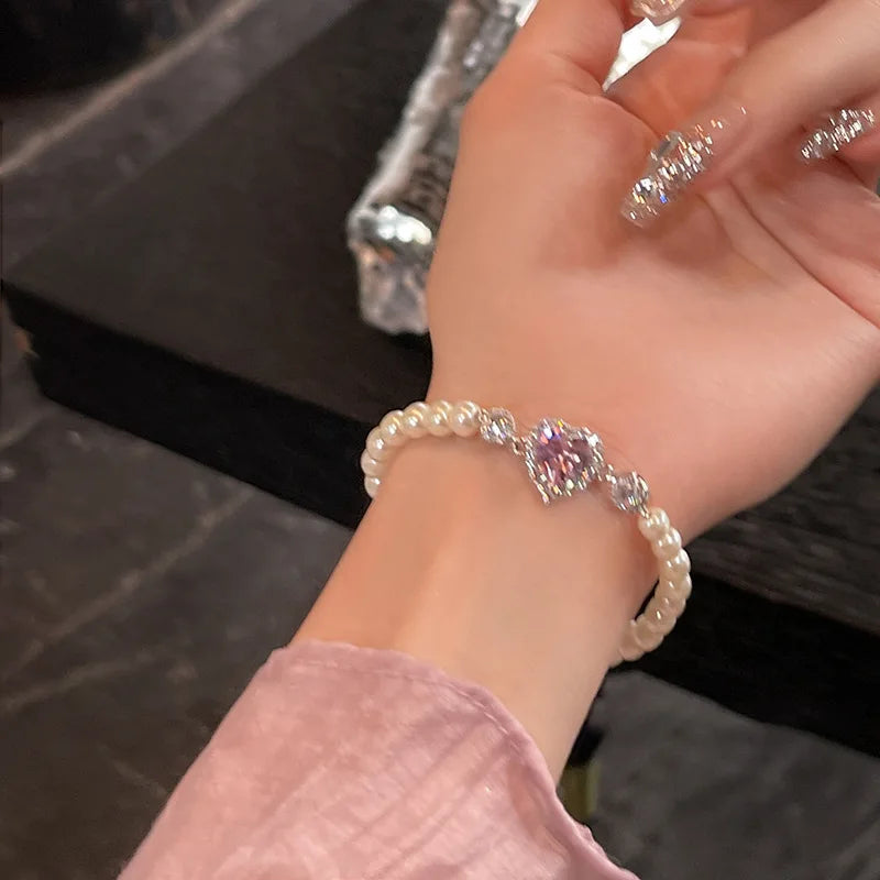 Lizakosht Fashion Zircon Pink Heart Pearl Elastic Bracele For Women Girs Delicate Zircon Starlight Bangles Party Jewelry Gifts