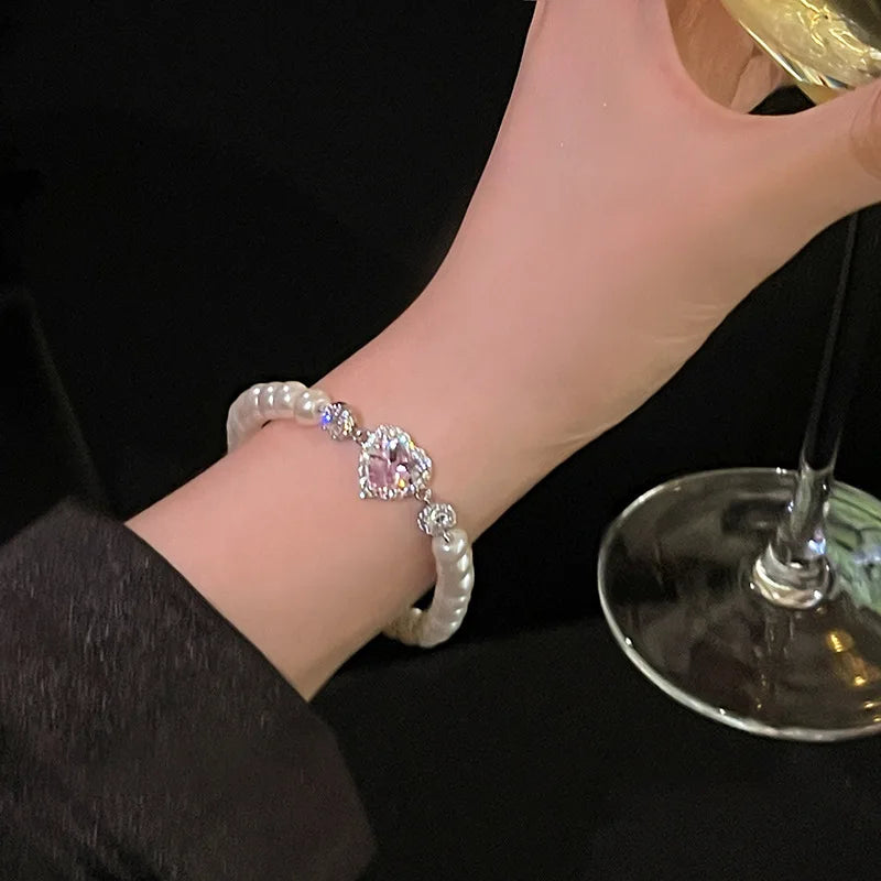 Lizakosht Fashion Zircon Pink Heart Pearl Elastic Bracele For Women Girs Delicate Zircon Starlight Bangles Party Jewelry Gifts
