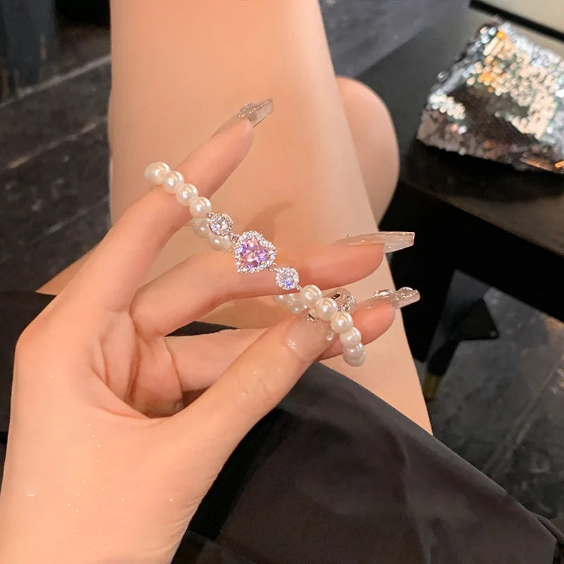 Lizakosht Fashion Zircon Pink Heart Pearl Elastic Bracele For Women Girs Delicate Zircon Starlight Bangles Party Jewelry Gifts