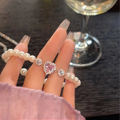 Lizakosht Fashion Zircon Pink Heart Pearl Elastic Bracele For Women Girs Delicate Zircon Starlight Bangles Party Jewelry Gifts
