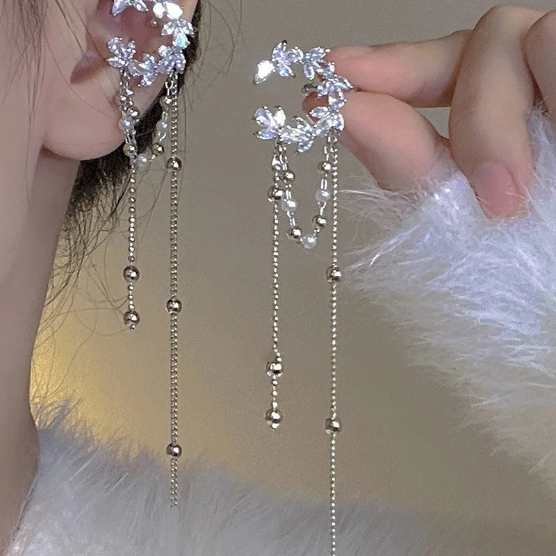 Lizakosht Korea Fashion Zirconia Moon C-shaped Pearl Tassel Clips Earrings For Women Luxury Ear Cuff Pendientes Party Jewelry