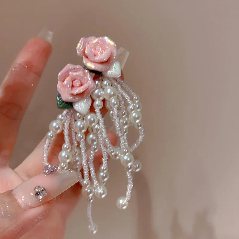 Lizakosht Korean Fashion Pink Resin Flower Pearl Tassel Dangle Earrings For Women Luxury Super Fairy Fresh Earring Jewelry
