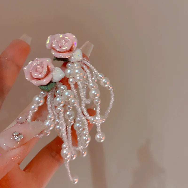 Lizakosht Korean Fashion Pink Resin Flower Pearl Tassel Dangle Earrings For Women Luxury Super Fairy Fresh Earring Jewelry
